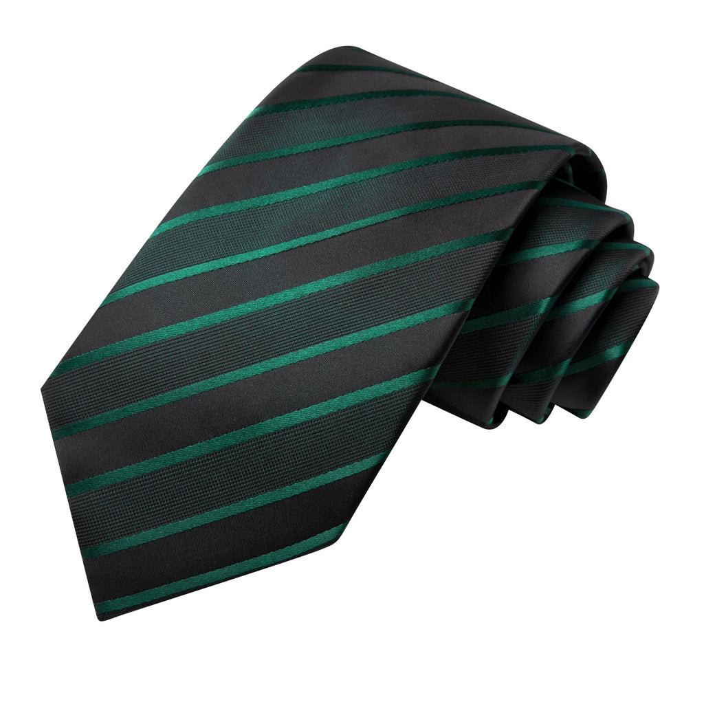 Black Green Striped Ties Men Wedding Accessories Mens Necktie Pocket Qme