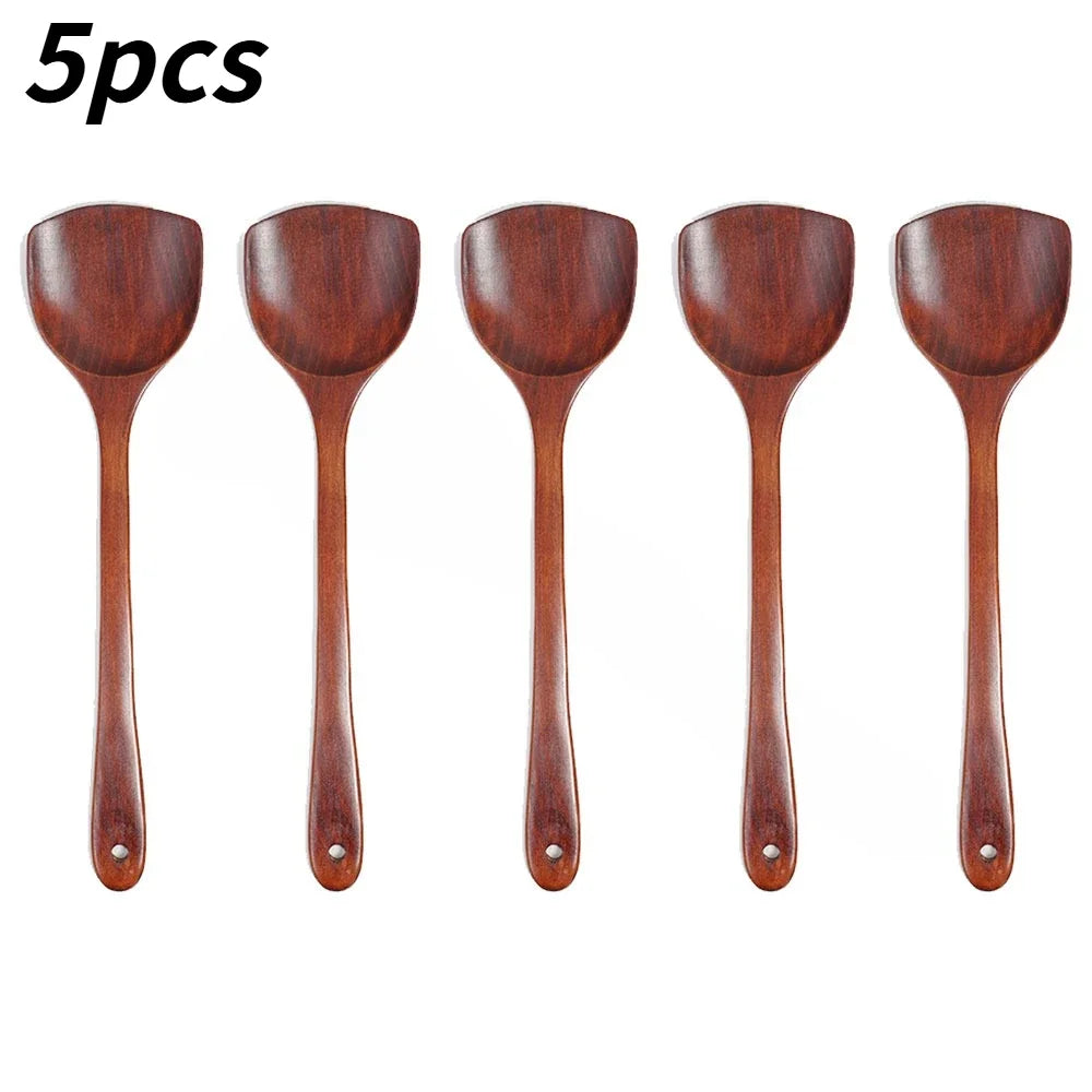 1/3/5 Pièces Wooden Spatula Spatule Cuisine Longue Poignée Bois Antiadhésive Accessoire Cuisine Pour Cuisson Ménage Qme Wooden spatula 5pcs