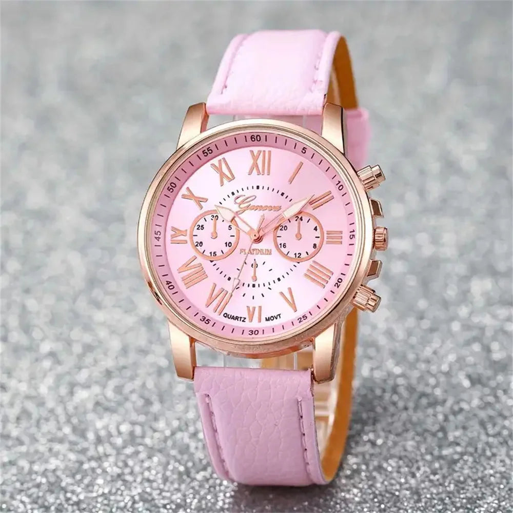 5Pcs Women Pink Suede Strap Watch Set, Floral Bezel Snowflake Dial Quartz Watch + Leaf Heart Pink Crystal Stack Bracelets Qme