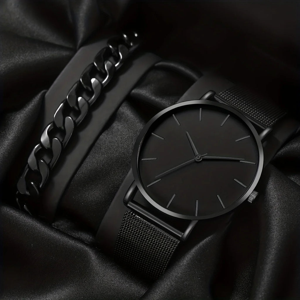 1pc Men's Stainless Steel Strap Charming Decorative Round Dial Quartz Watch & 1pc Bracelet For Everyday Use Qme black set