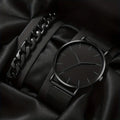 1pc Men's Stainless Steel Strap Charming Decorative Round Dial Quartz Watch & 1pc Bracelet For Everyday Use Qme black set