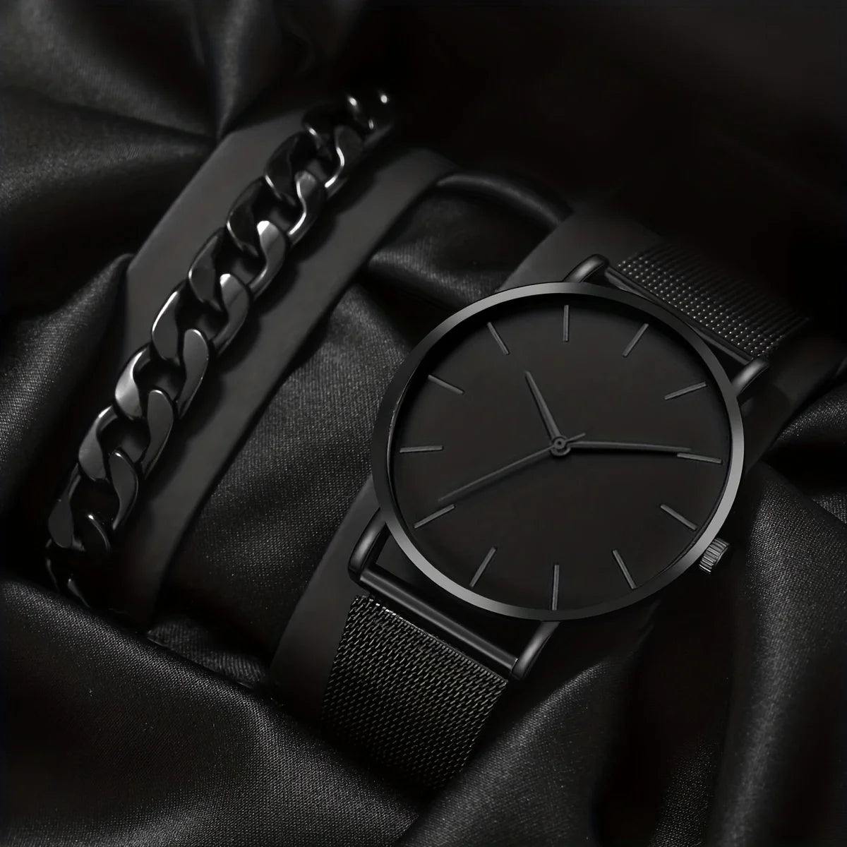 1pc Men's Stainless Steel Strap Charming Decorative Round Dial Quartz Watch & 1pc Bracelet For Everyday Use Qme black set