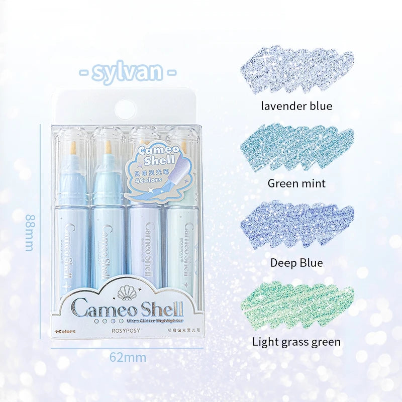 Mini Portable Clear Shell Glitter Highlighter Markers 4Pcs Set Glitter Ink for Scrapbook Painting School Stationery Qme Sylvan set