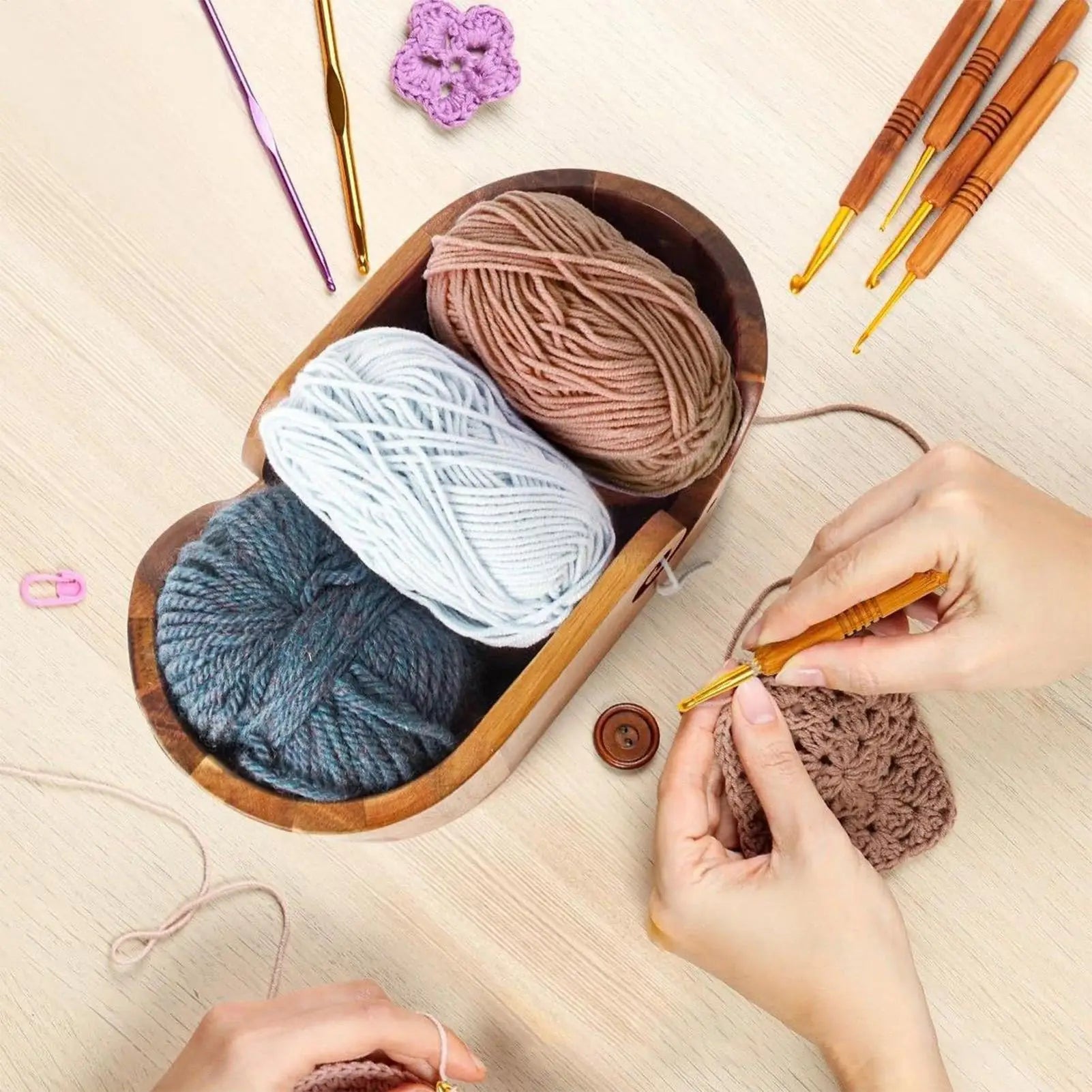 Yarn Bowl Knitting Wooden Lidded Thread Storage Double Curling Holder Qme