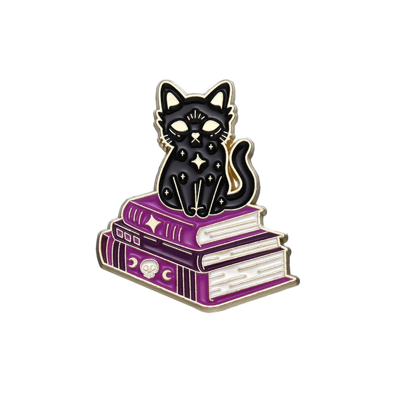 Witch Enamel Pin Punk Black White Cat Brooch Magic Hat Badge Book Wings Lapel Animal Goth Purple Crystal Jewelry Gift Wholesale Qme style 5