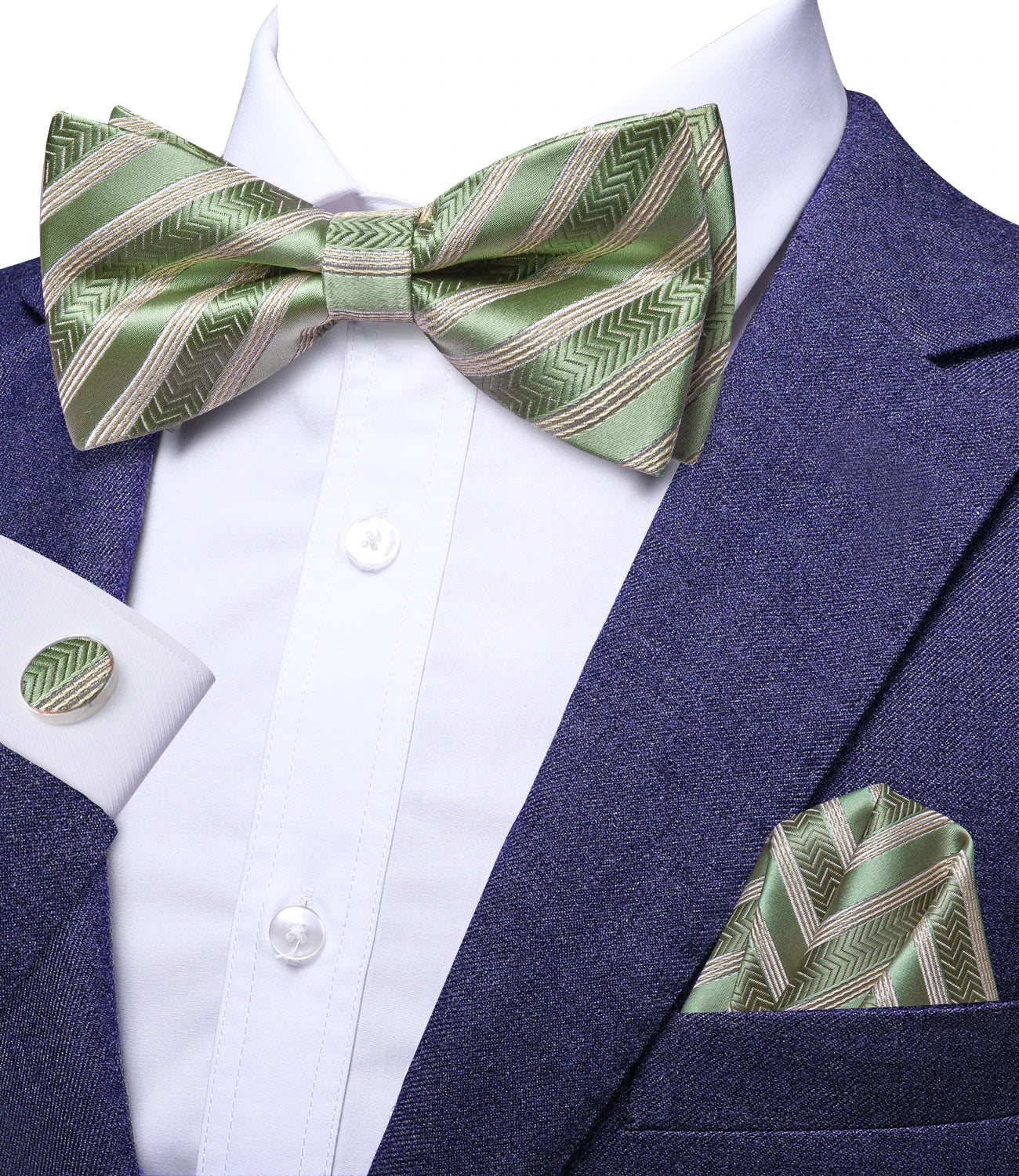 Hi-Tie Pea Green Silk Mens Striped Pre-tied Bow Tie Hanky Cufflinks Set Butterfly Knot Bowtie for Male Wedding Business Qme