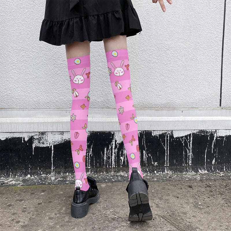 Cartoon Bear Rabbit Pattern 3D Printing Ladies Stockings Kawaii Sweet Qme