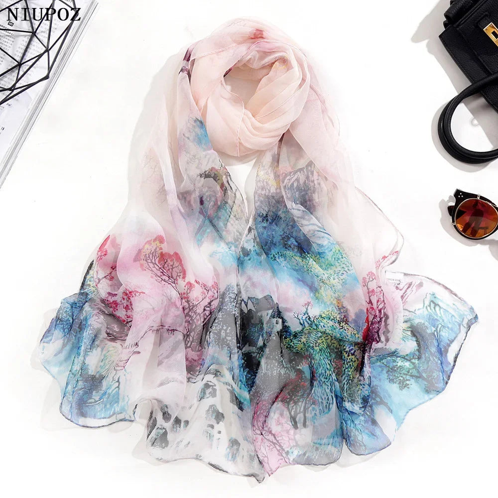 Painting Lotus Beach Sun Protection Chiffon Georgette Scarf Women Foulard Scarf Shawls Female Long Wraps Beach Sunscreen Hijab Qme