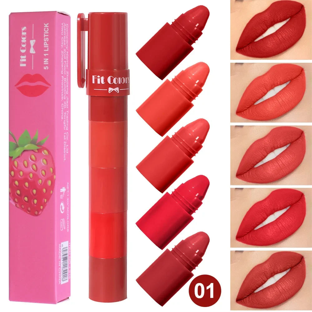 5In1 Combination Peach Matte Lipstick Kit Waterproof Non-Stick Cup Purple Red Lip Stain Tint Cosmetic Nude Lipstick Pen Makeup Qme 01 Strawberry