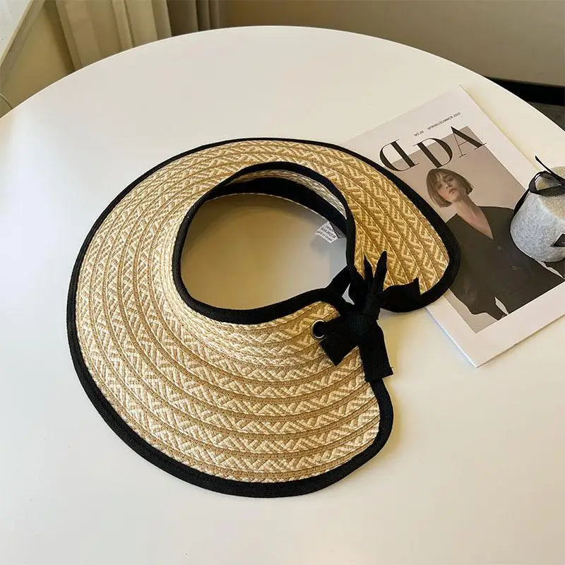 Straw Sun Visor Cap Women Large Brim Collapsible Summer Hat Qme Beige