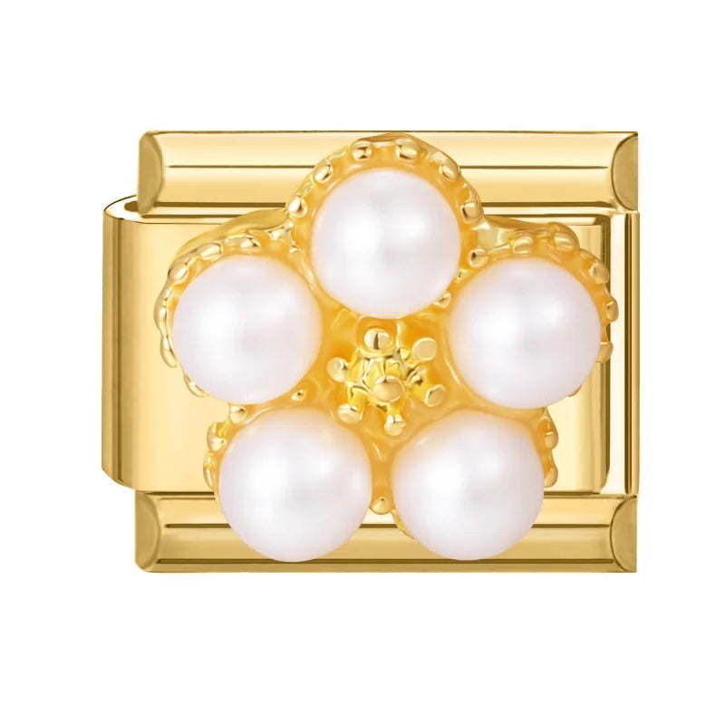 2026 Fashion Vintage Golden Pearl Flowers Gourd Shiny CZ Butterfly Italian Charms Fit 9mm Stainless Steel Bracelet Jewelry Gift Qme Style 2