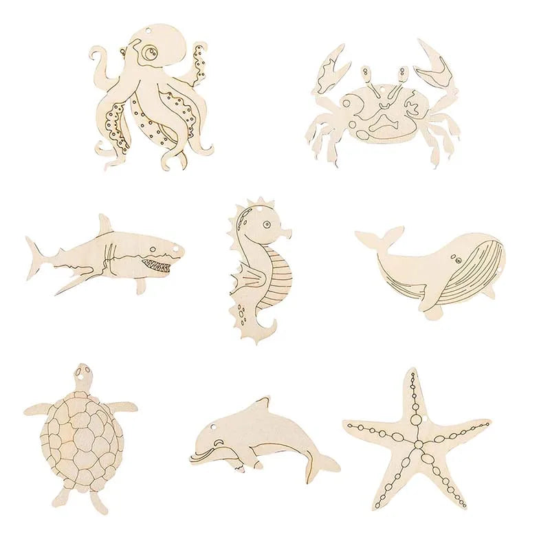 5Pcs Blank Marine Animal Wooden Crafts Painting Graffiti Material Art Coloring Pendant For Children Handmade Decor DIY Material Qme