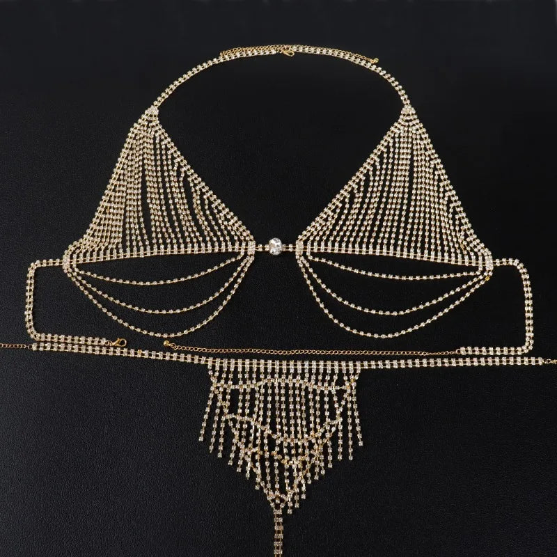 Flash Diamond Breast Chain Rhinestone Tassel Sexy Bikini Body Qme