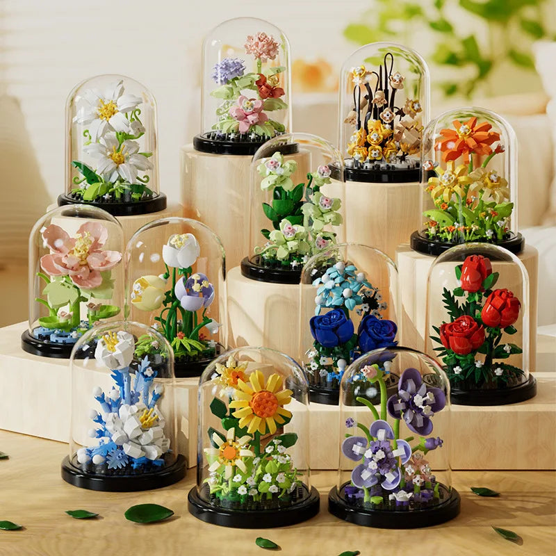 Flower Bouquet Bonsai Building Blocks Artificial Plastic Plant Dust Cover Micro Model Home Decoration Toys For Kid Birthday Gift Qme