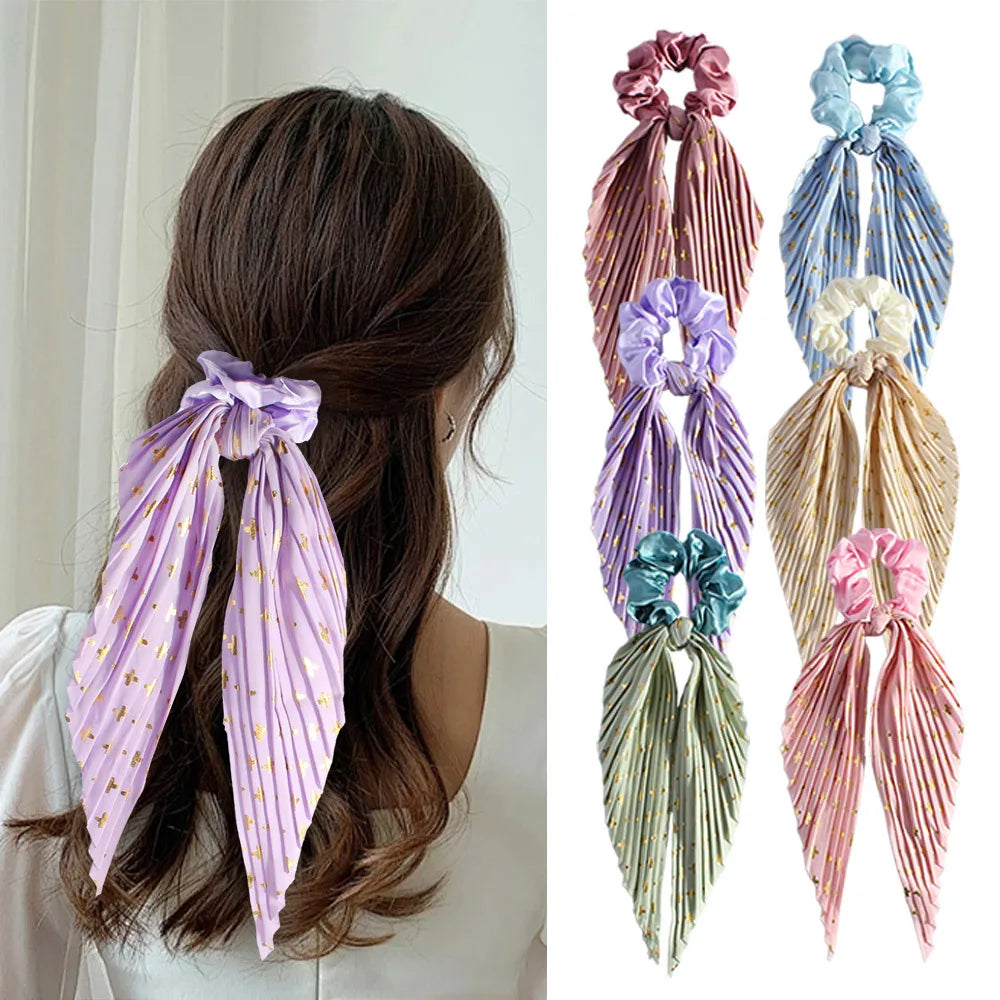 Handmade Pleated Hair Scrunchie with Long Ribbon,Elastic Hair Tie for Girls,Retro Ponytail Hair Rope Fashion Hair Accessories Qme