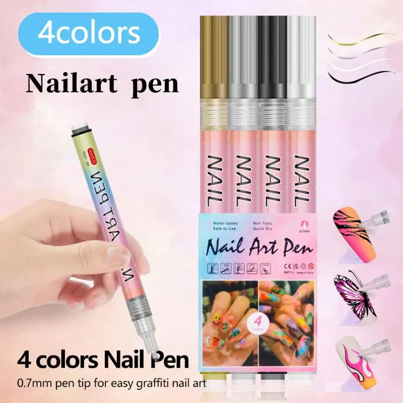 4 Colourful Nail Art Graffiti Pen Waterproof Diy Abstract Lines Fine Qme B