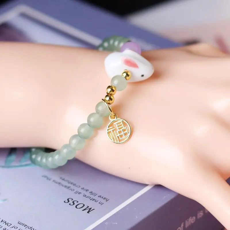 Cute Charming Rabbit Ceramic DIY Crystal Bracelet Men and women lucky pendant woven bracelet Young fashion jewelry accessories Qme