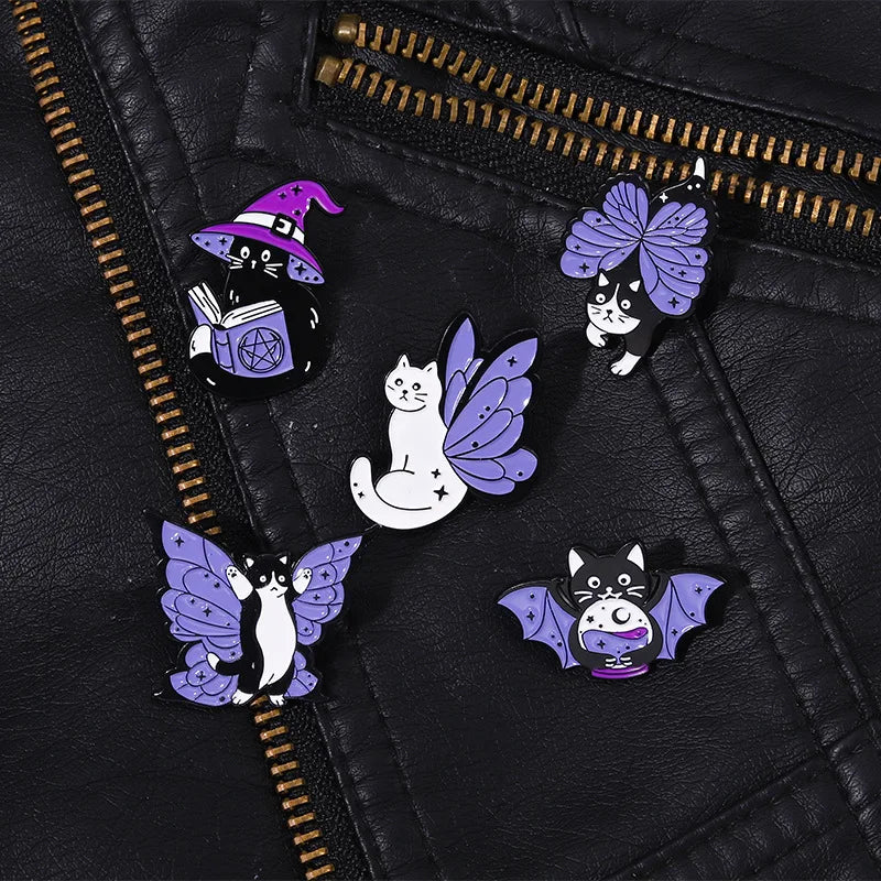 Witch Enamel Pin Punk Black White Cat Brooch Magic Hat Badge Book Wings Lapel Animal Goth Purple Crystal Jewelry Gifts Wholesale Qme