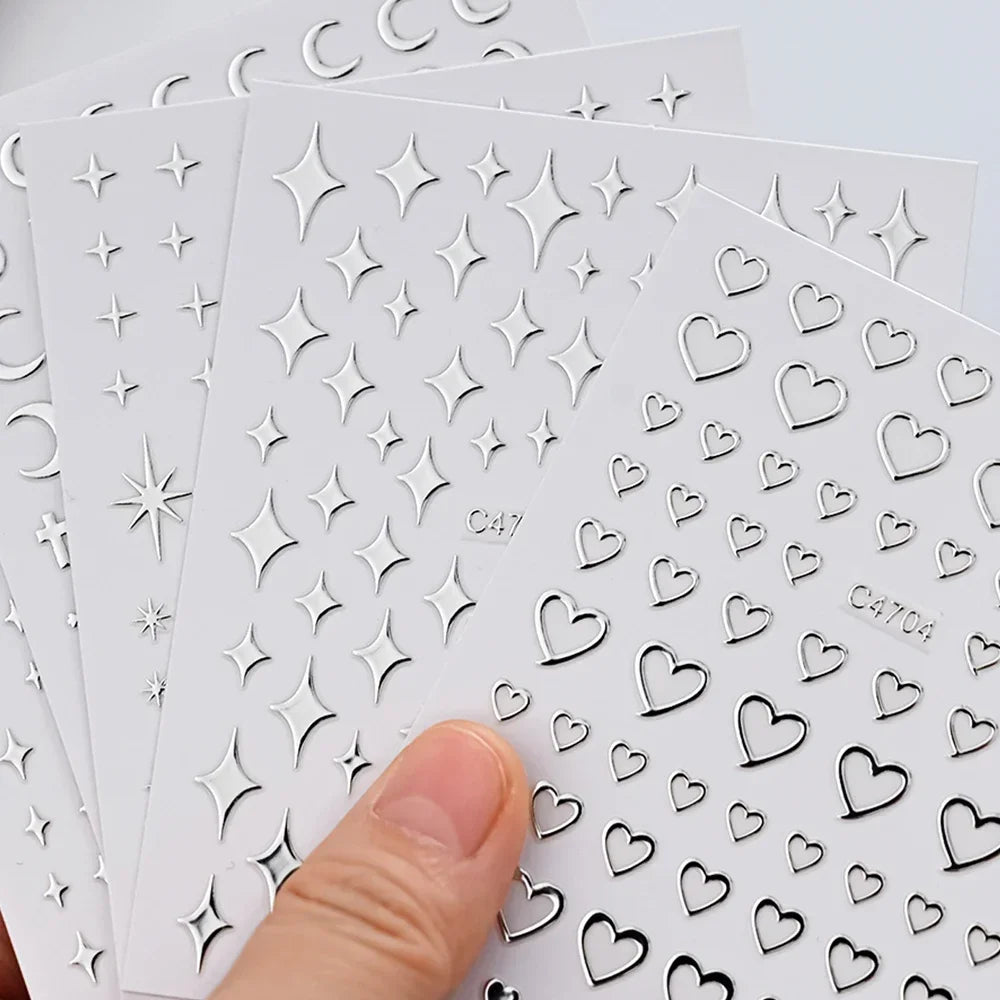 6 Sheets Metal Silver Nail Stickers Metallic 3D Star Nail Art Stickers Decals Self-Adhesive Nail Art Stickers Metal Chain Heart Qme