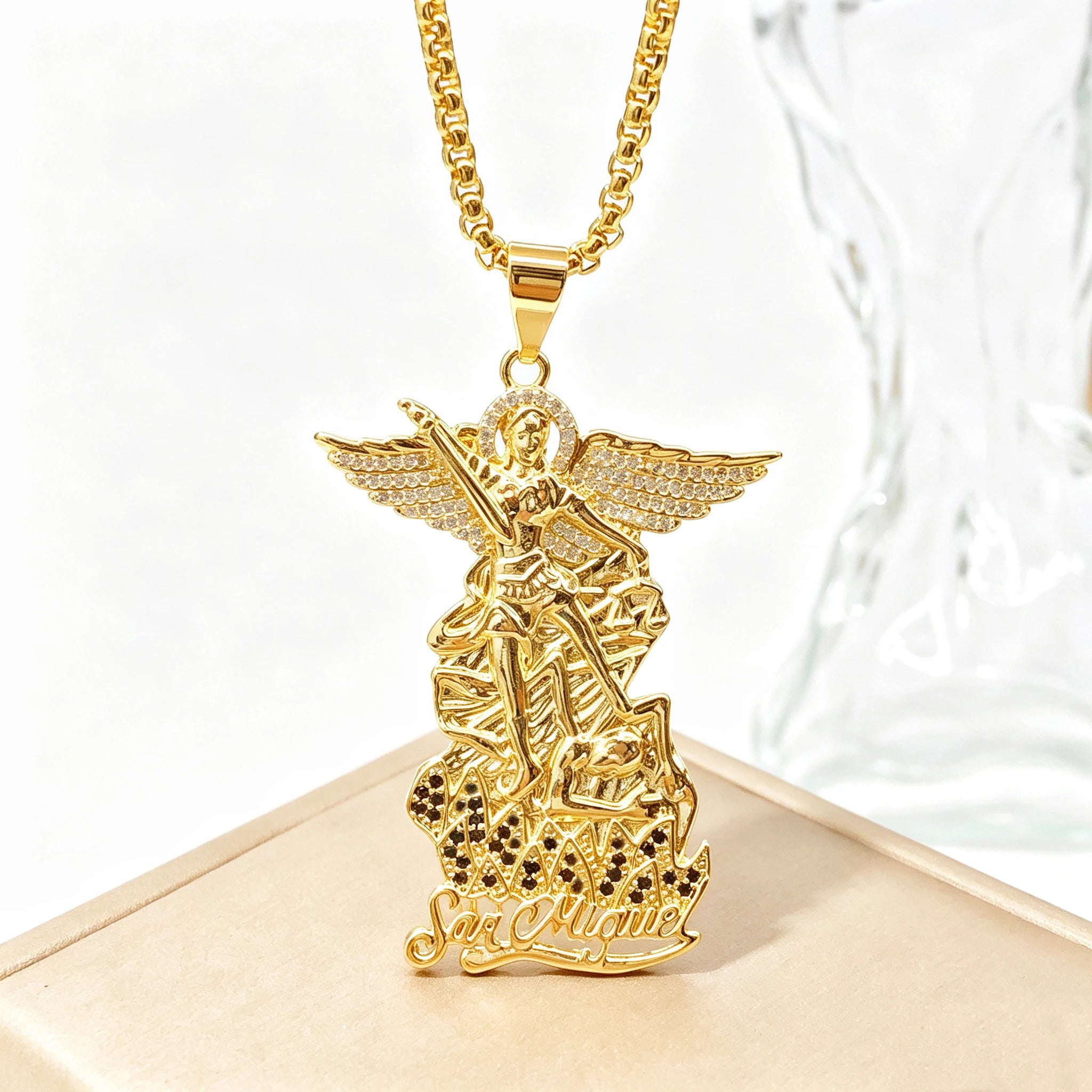 New Design 45/60cm San Miguel Archangel Stainless Steel Necklace Gold/Rose Gold Plated Zirconia For Men Women Jewelry Choker Qme 1 45cm