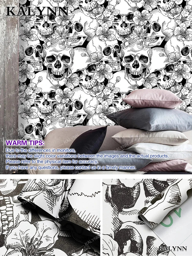 Halloween Peel Stick Wallpaper Sugar Skull Floral Bedroom Black White Qme Sugar Skull Floral 6mx45cm