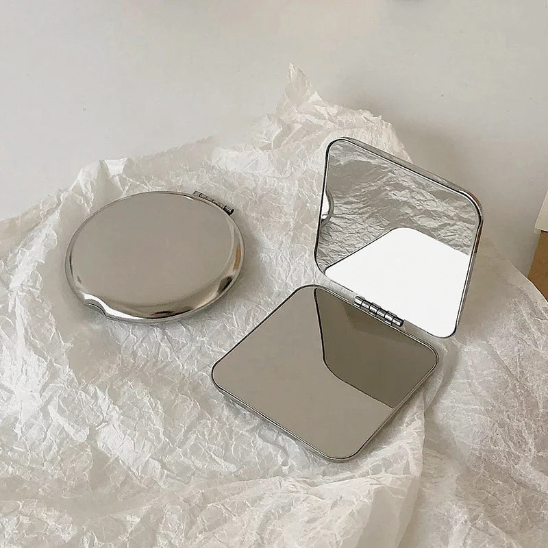 Portable Women Stainless Steel Makeup Mirror Hand Pocket Folded-side Qme