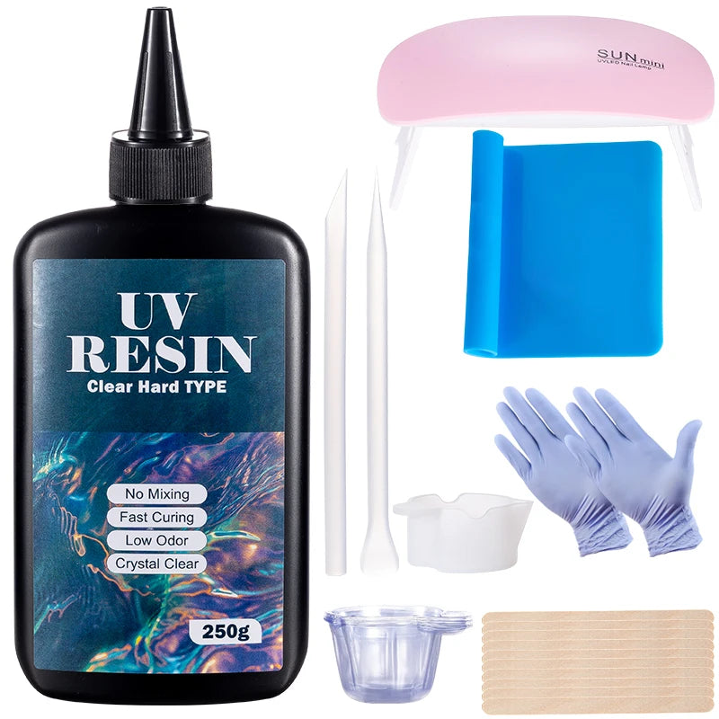 100g/250g Clear UV Resin Hard Type One Minute Ultraviolet Solar Fast Curing Epoxy Resin Glue for Casting Molds Jewelry Craft DIY Qme 250g kit
