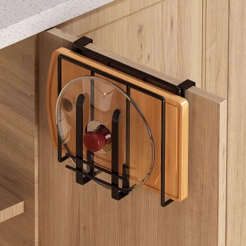 Multi-Purpose Under Cabinet Organizer with Hooks, No-Drill Wall Mounted Cutting Board Holder & Pot Lid Rack for Kitchen Qme