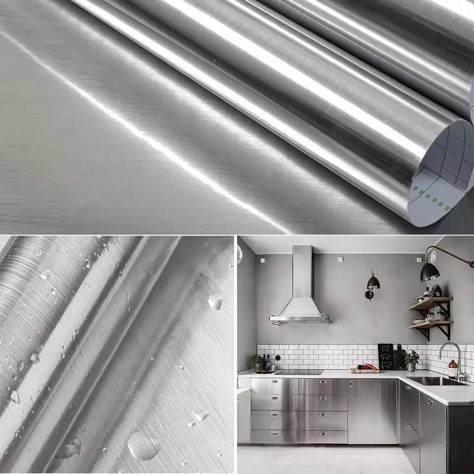 40cm Brushed Silver Waterproof Wallpaper Modern Self-Adhesive Decor Film for Refrigerator Living Room Kitchen Countertop Qme