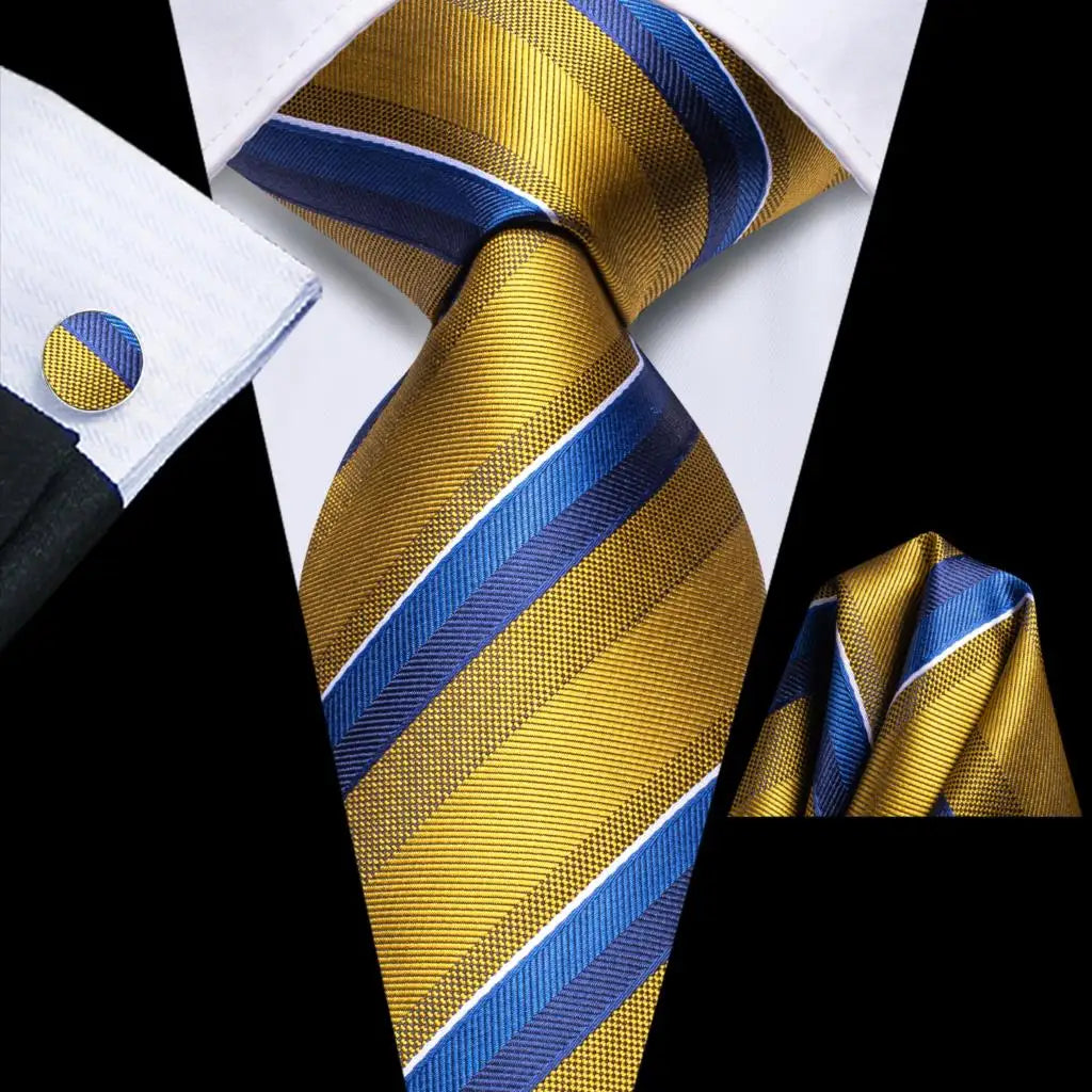 Hi-tie Striped Navy Blue Mens Fashion Necktie Handkerchief Cufflinks