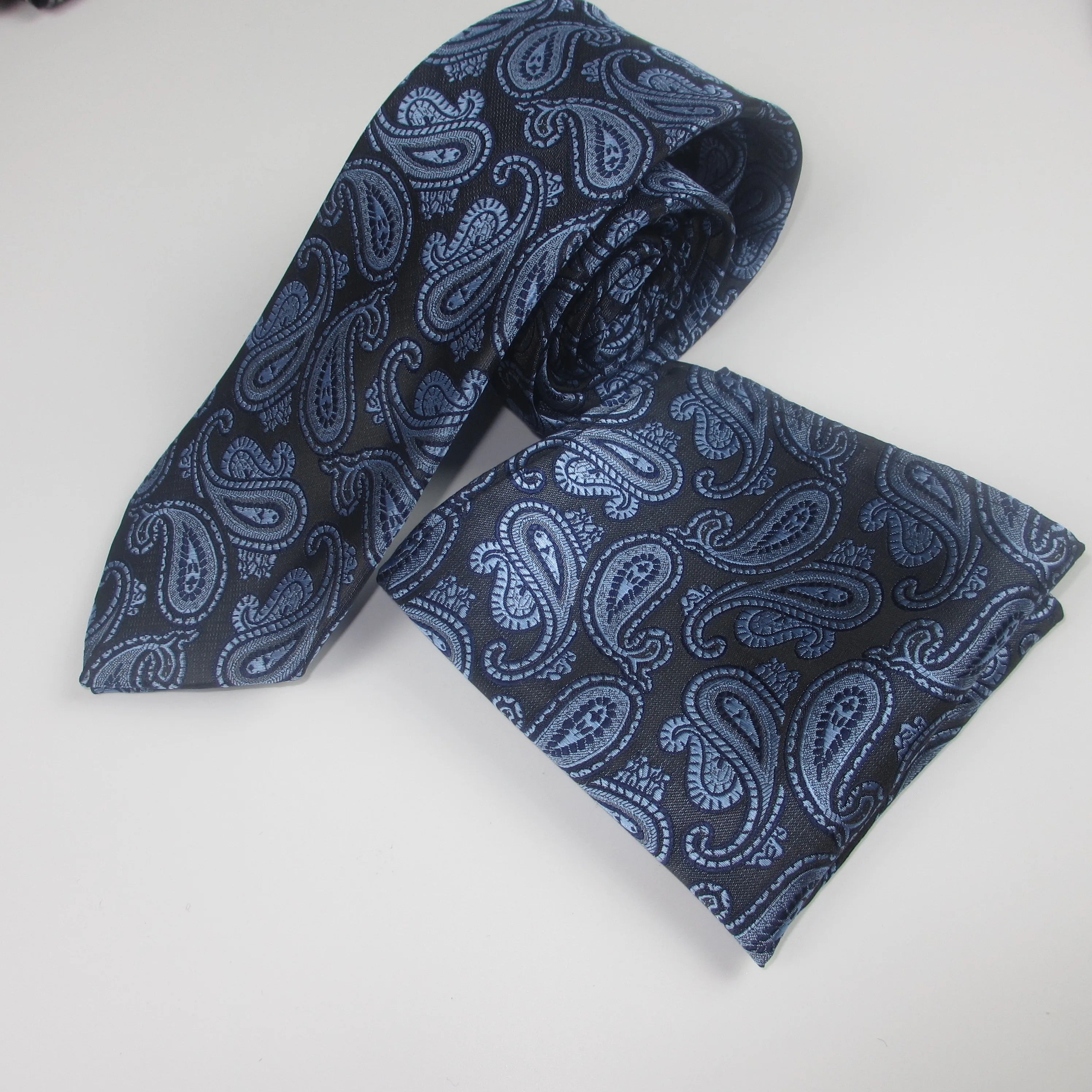 Men's Tie Pocket Square Paisley Flower Dots Hankerchief Narrow Thin Qme LIGHT BLUE