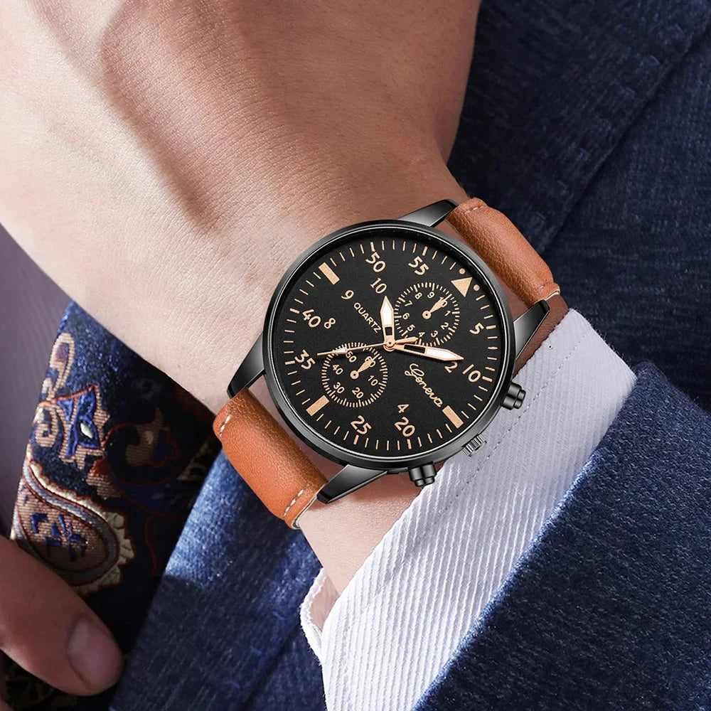 2026 3pcs men's three eye business casual trendy belt quartz watch high-end atmospheric watch Qme