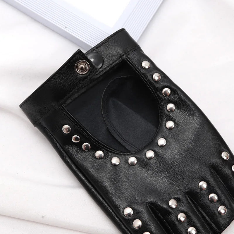 Black Gothic Rivets Fingerless Gloves Semi-fingers Breathable Driving Qme