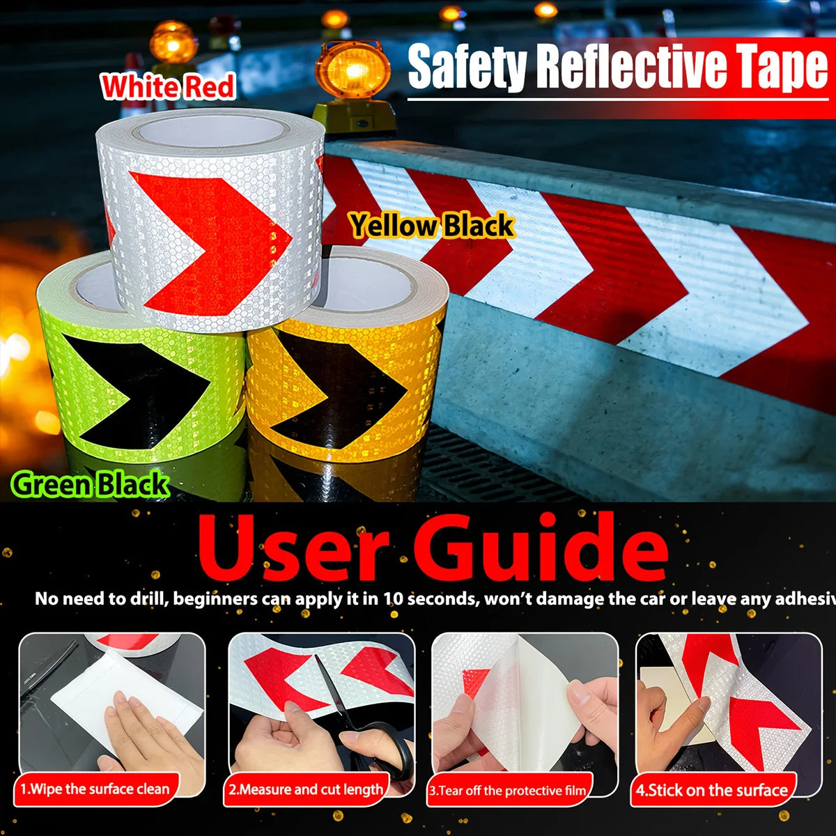 4Inch Waterproof Arrow Reflective Tape Safety Caution Warning Stickers Conspicuity Reflectors for DIY Car Truck Vehicle Warning Qme
