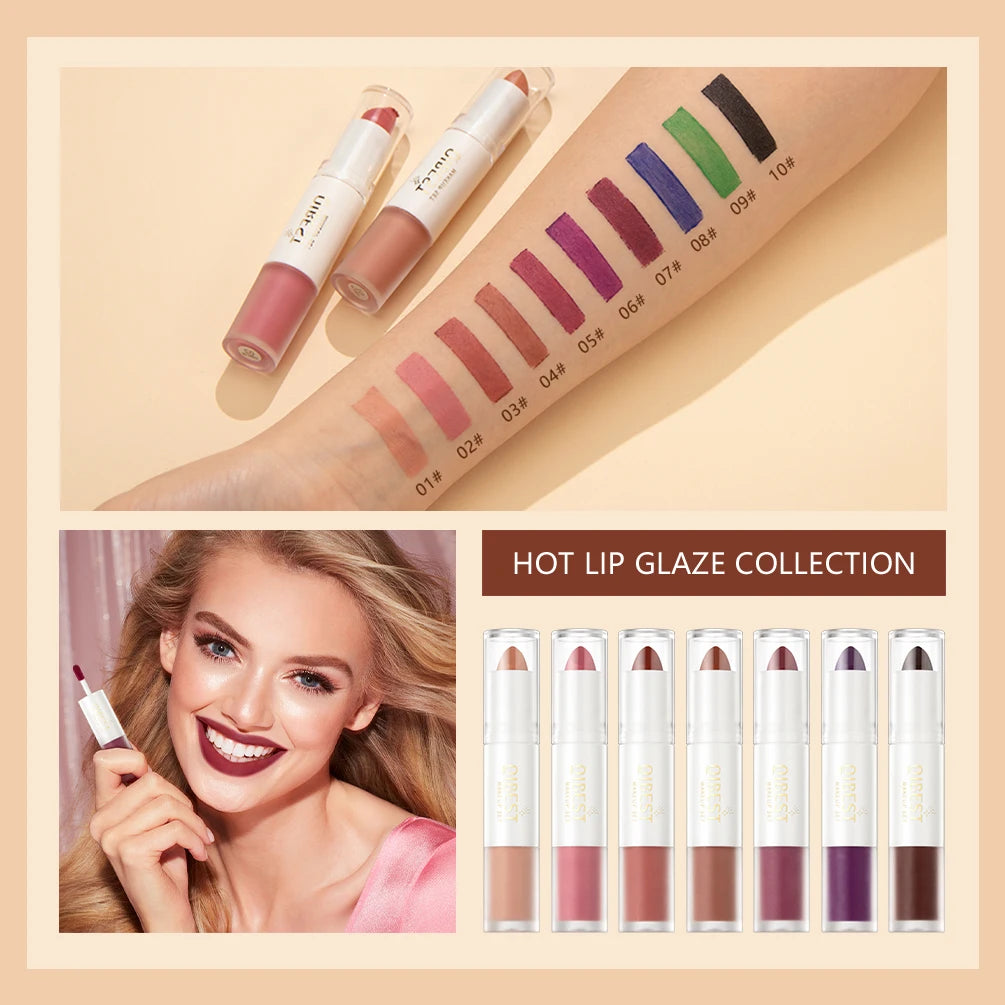QIBEST 2 in 1 Long-lasting Matte Lipstick Sexy Red Lipstic Velvet Lipgloss Women Waterproof Nude Lip Tint Girl Fashion Makeup Qme