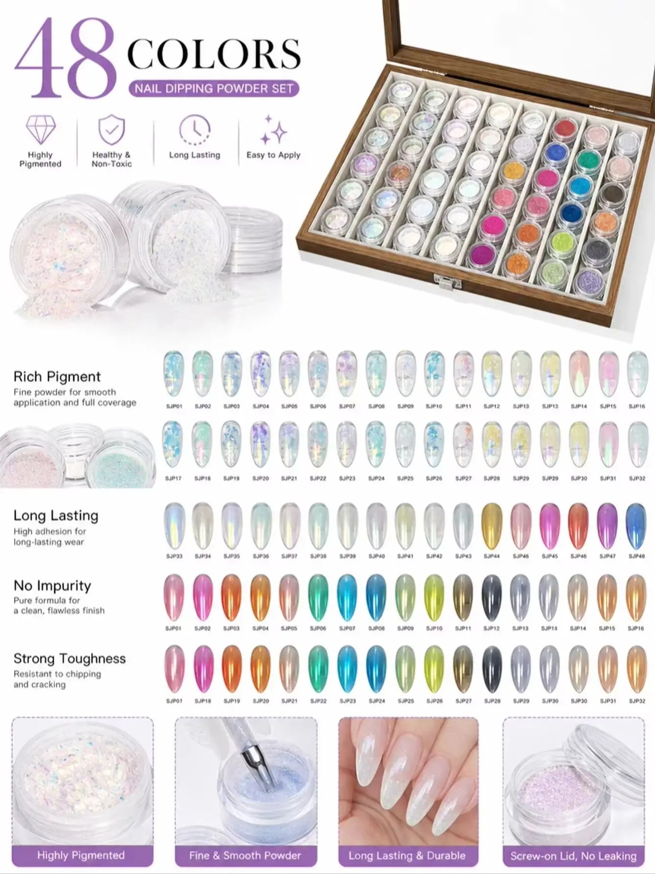 48-color Premium Aurora Ice-clear Nail Powder Includes Cards Storage Qme 1set