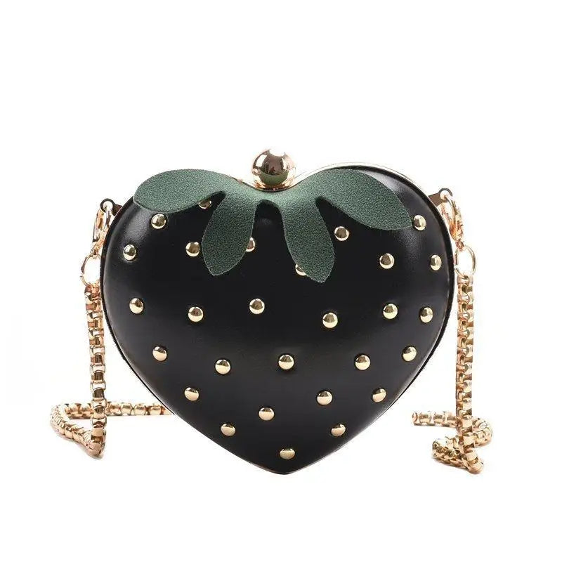 Red Leather Strawberry Crossbody Bag With Gold Studs And Chain Strap Perfect For Daily Outings Parties Teen Girls Qme Black