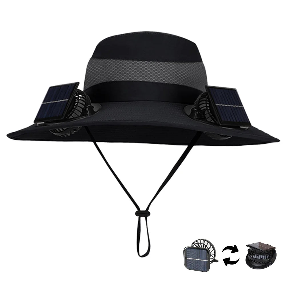 For Outdoor Camping Fishing Hiking Sunscreen Fisherman Hat Solar Fan Cap Portable Solar Charging Cap with Fan Suitable Qme Black pure color