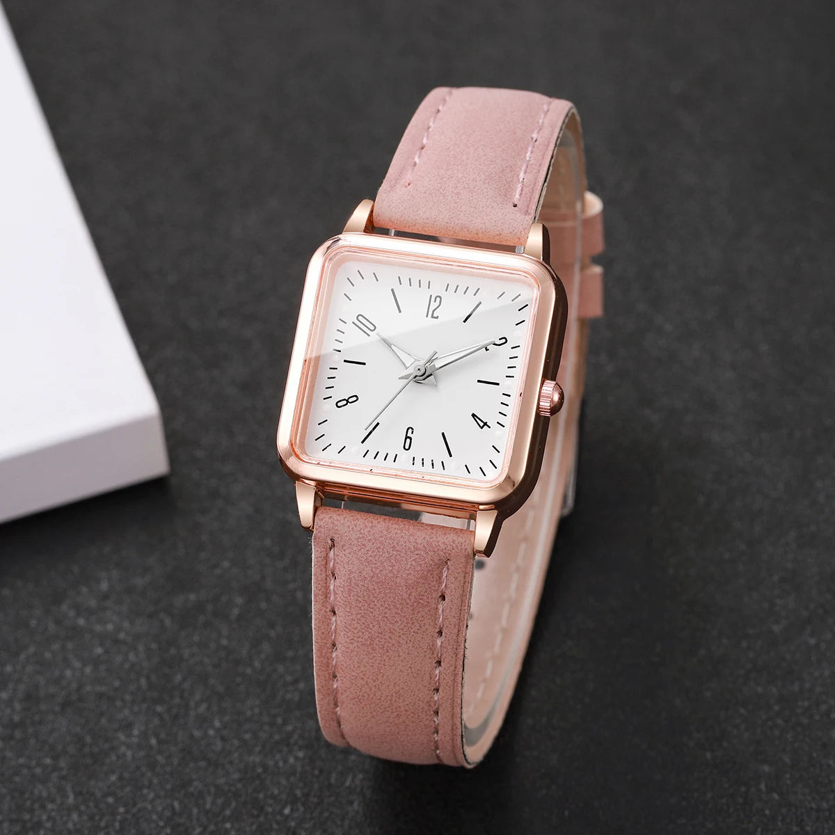 Rose gold square pink leather women's simple digital scale small square watch, not including gift box Qme