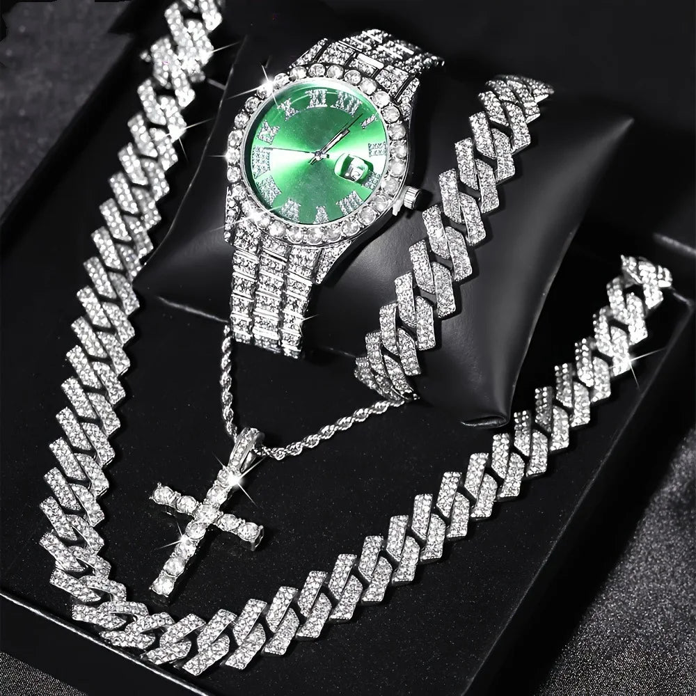 Diamond studded luxury steel strip quartz watch, diamond studded hip-hop Cuban bracelet set, watch set Qme Coffee