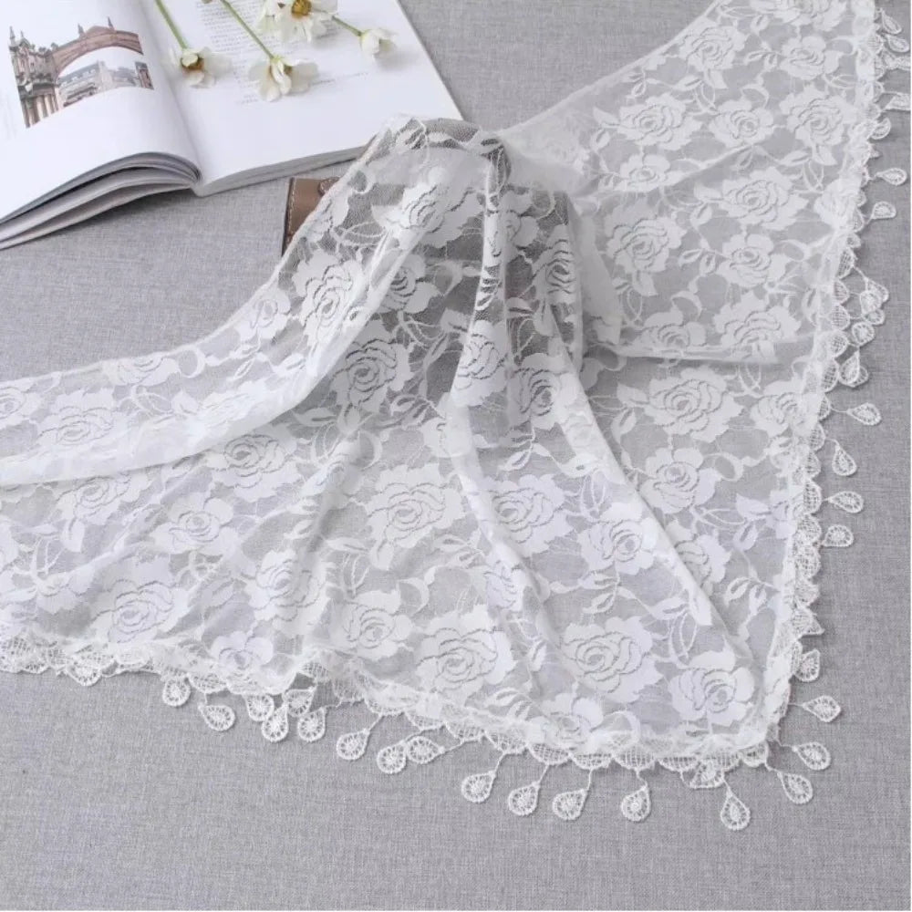 Sun Protection Lace Scarf Colorful Tassel Printed Wraps Hair Qme White