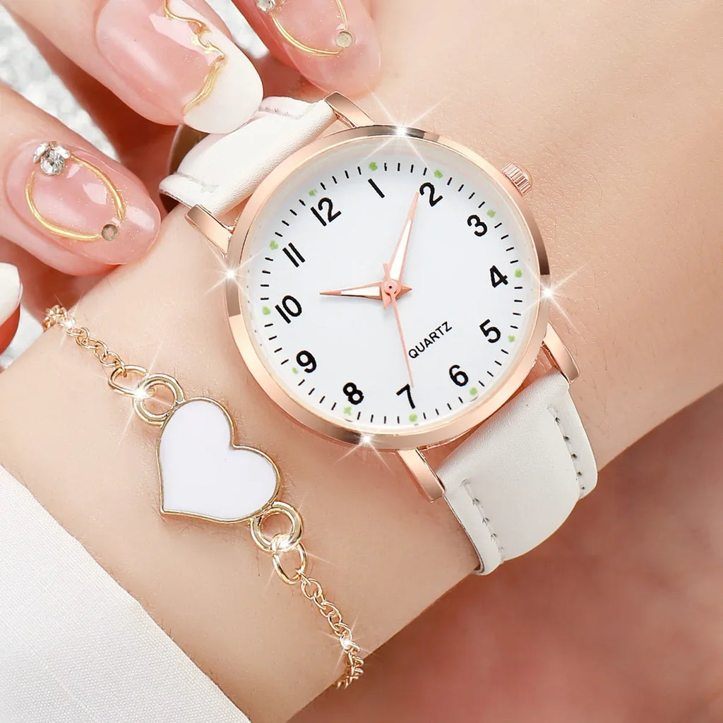2026 6PCS/4PCS Fashionable luminous pointer watch, small fresh frosted leather casual watch, simple digital quartz watch set Qme