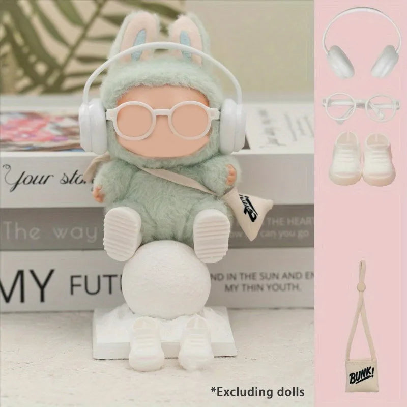 Suitable for LABUBU15-17cm dolls, 4 pairs of headphones, glasses, backpacks, shoes, interesting accessory decorations Qme WHITE