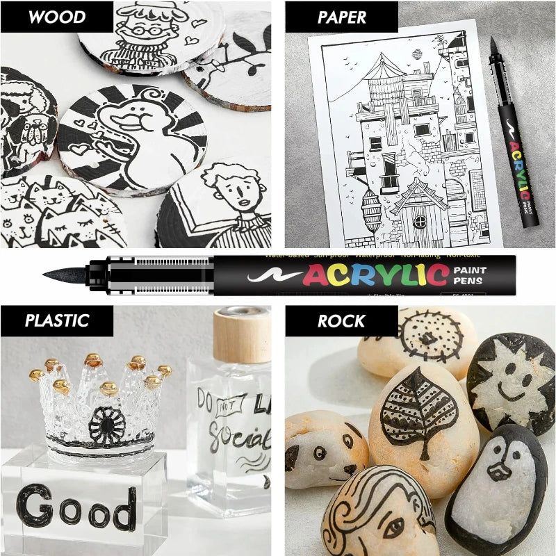 8Pcs Black/White Colors Acrylic Paint Pens Markers Brush Tip Paint Markers for Rock Painting Wood Stone Glass Gift DIY Crafts Qme