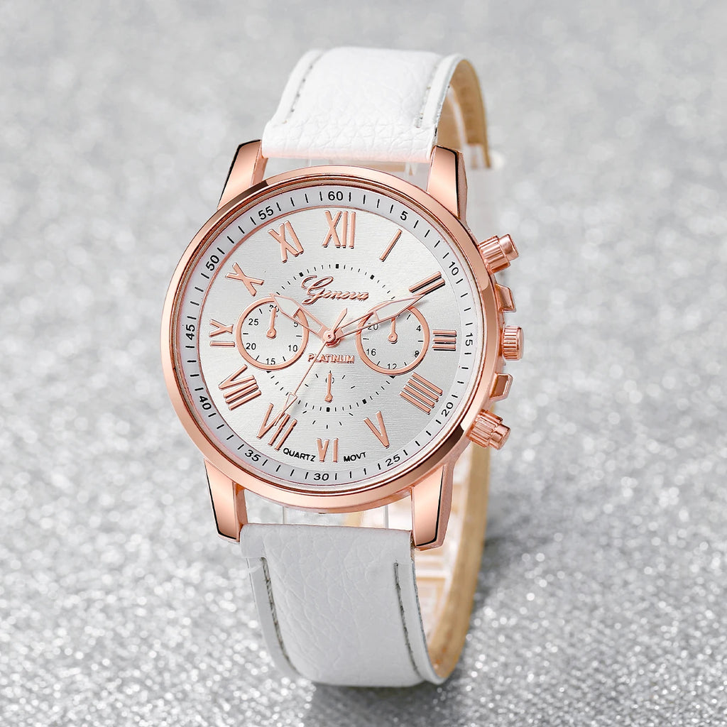 Rose Gold White Leather Ladies Watch Set Chronograph Clock Cubic Zirconia Bracelet Necklace Earrings Ring Jewelry Kit For Women Qme