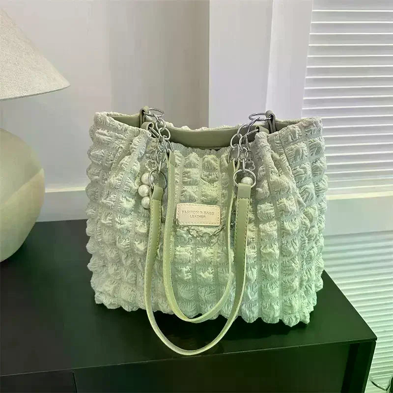 Bubble Textured Tote Bag Pearl Chain Decoration Large Capacity For Shopping Dating Office Commute Qme