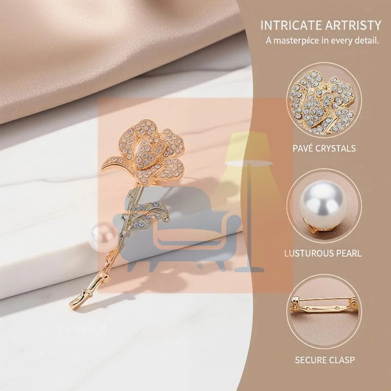 Elegant Gold Color Rose Flower Brooches For Women Alloy Rhinestone Bouquet Brooch Wedding Coat Dress Decoration Gifts Qme