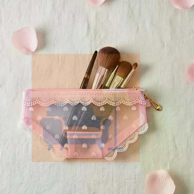 Lace Trim Mesh Cosmetic Bag Transparent Design And Portable Perfect For Travel Daily Use Storing Qme