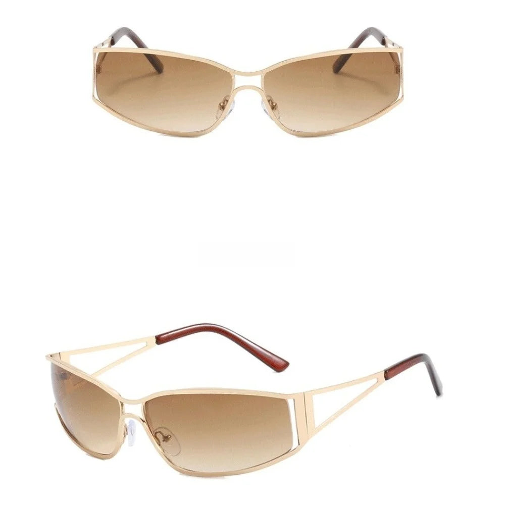 Vintage Y2k Frameless Sunglasses Metal Steampunk Rimless Oval Sunglasses Gradient Solid Color Fashion Shades Driving Qme