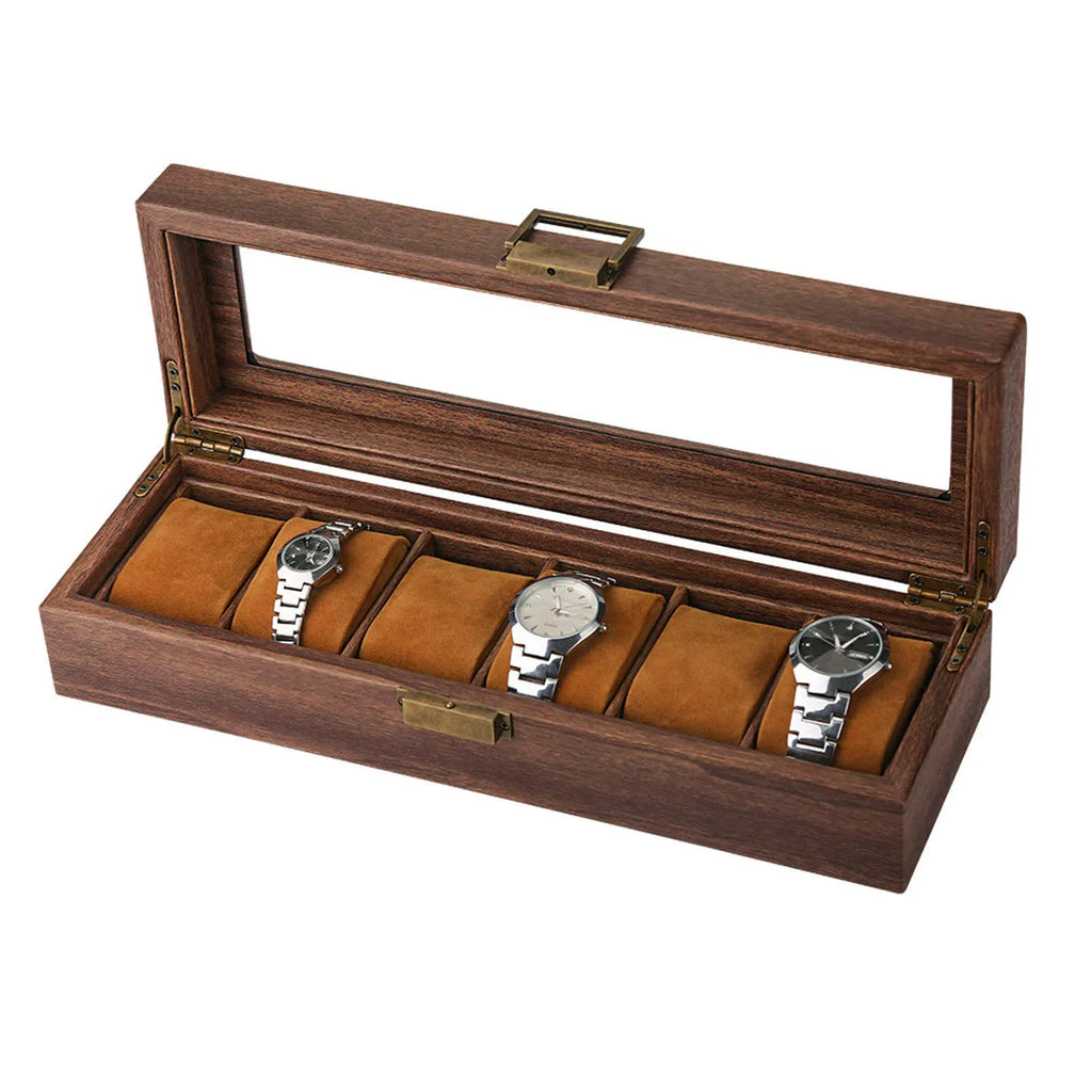 6 Slot Watch Storage Display Box Wood Grain PU Leather Lockable Wristwatch Protective Box Watch Protective Box Watch Display Box Qme